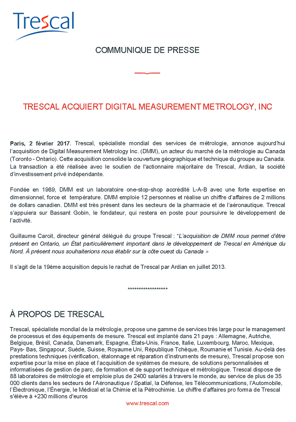 Trescal Acquiert Digital Measurement Metrology, Inc (Toronto, Canada)
