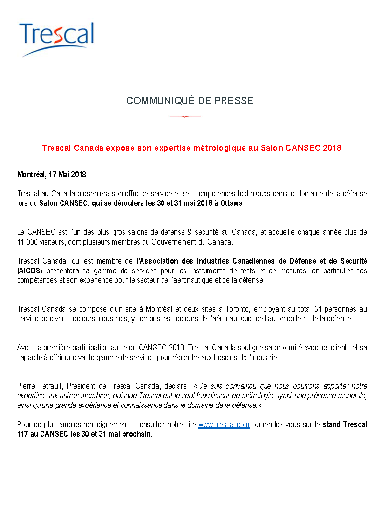 Trescal Canada expose son expertise métrologique au Salon CANSEC 2018