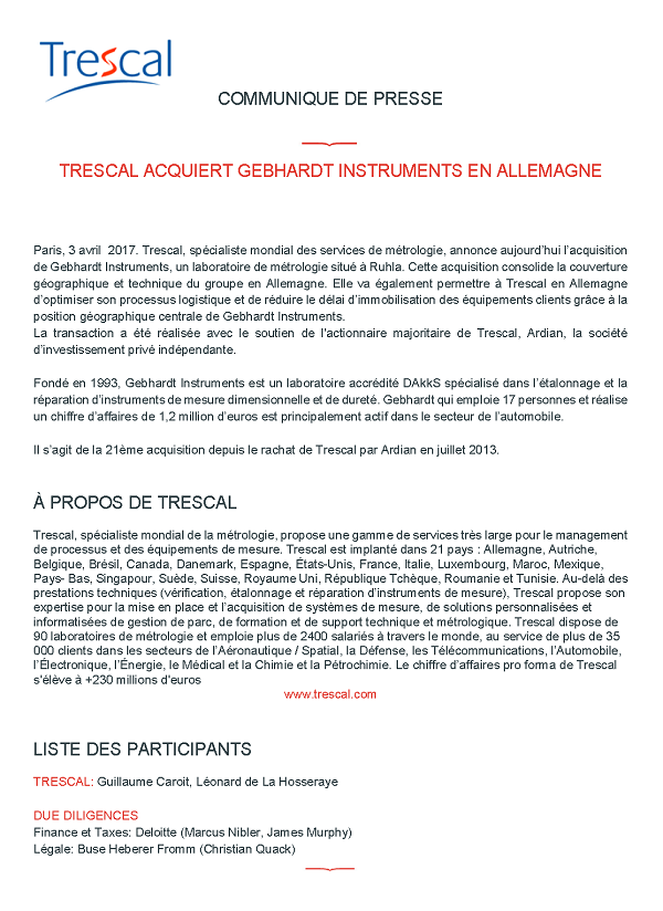 Trescal acquiert Gebhardt Instruments en Allemagne