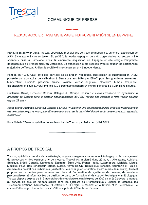 Trescal Acquiert Assi Sistemas E Instrumentacion SL en Espagne