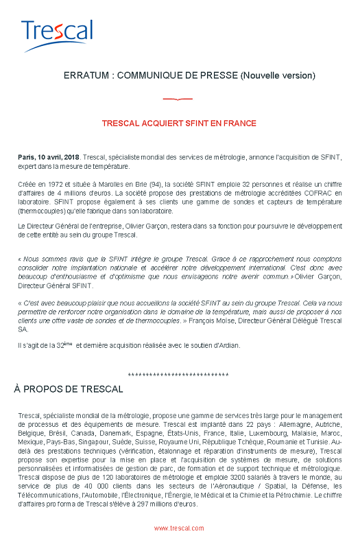 Trescal acquiert Sfint en France