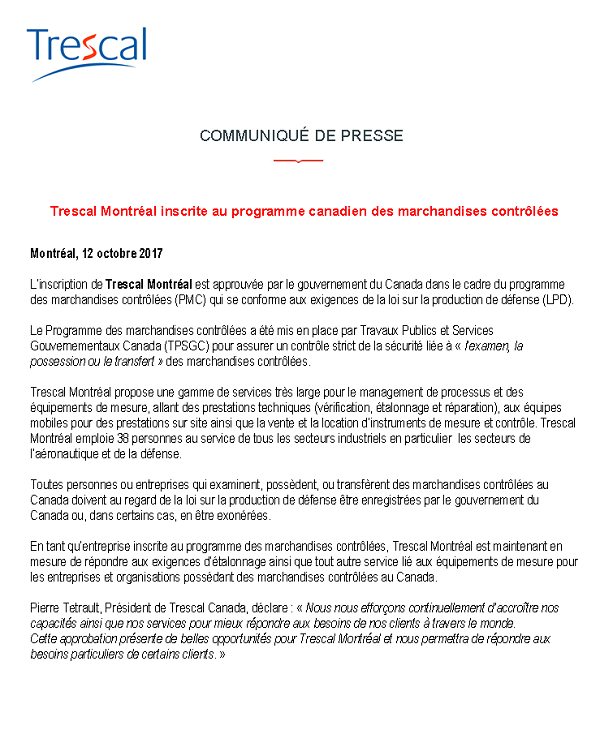 Trescal Montréal approuvé au programme canadien des marchandises contrôlées