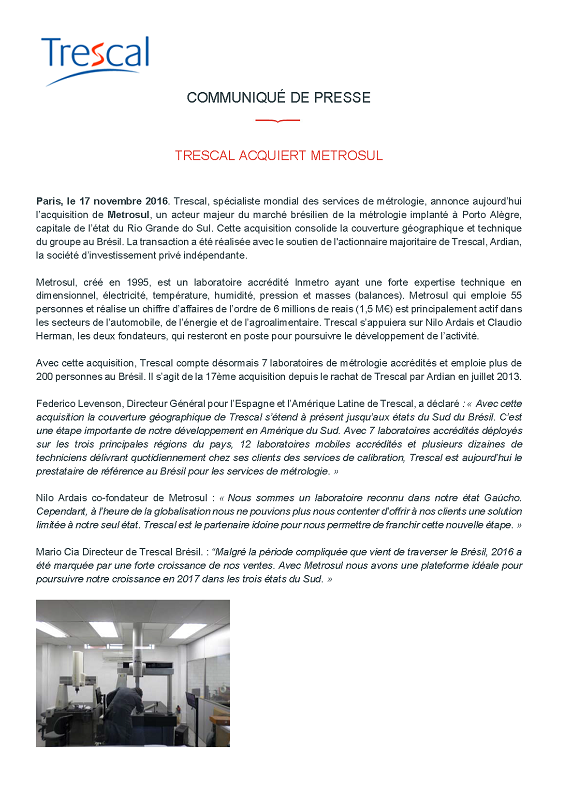 Trescal acquiert Metrosul au Brésil